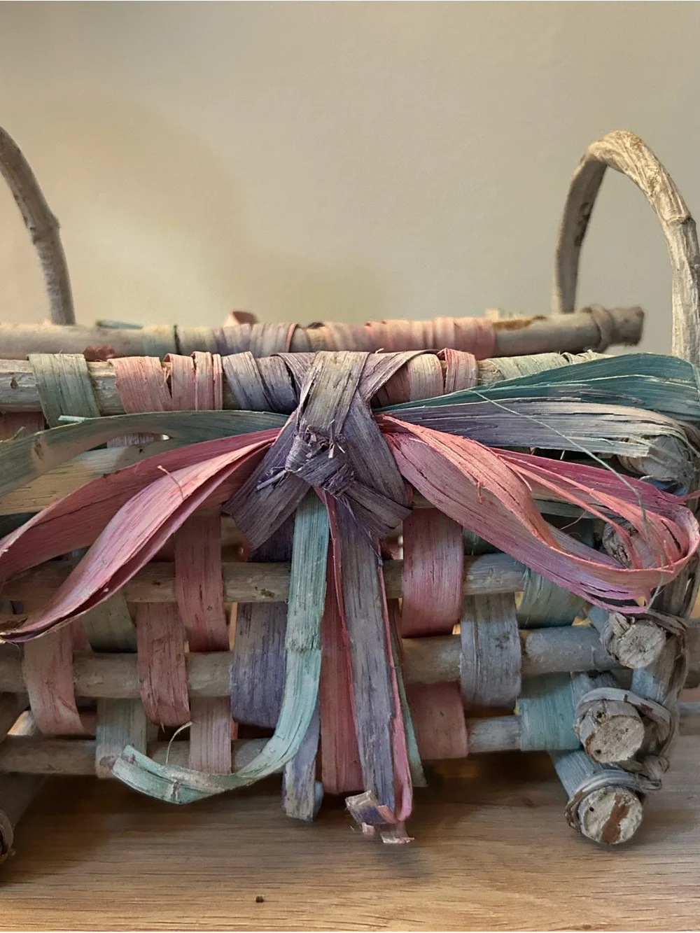 Vintage Handwoven Pastel Decorative Basket with Bow